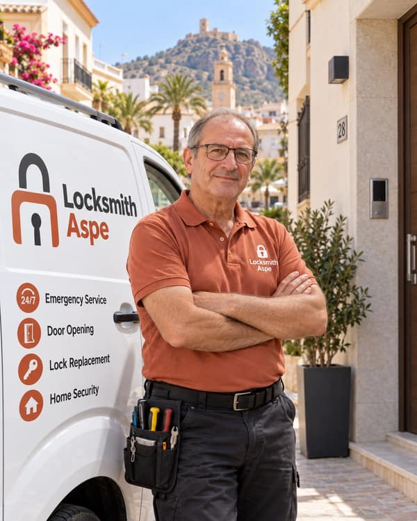A man in glasses and a rust polo shirt stands with his arms folded against a white van lettered with a padlock logo and a list of services